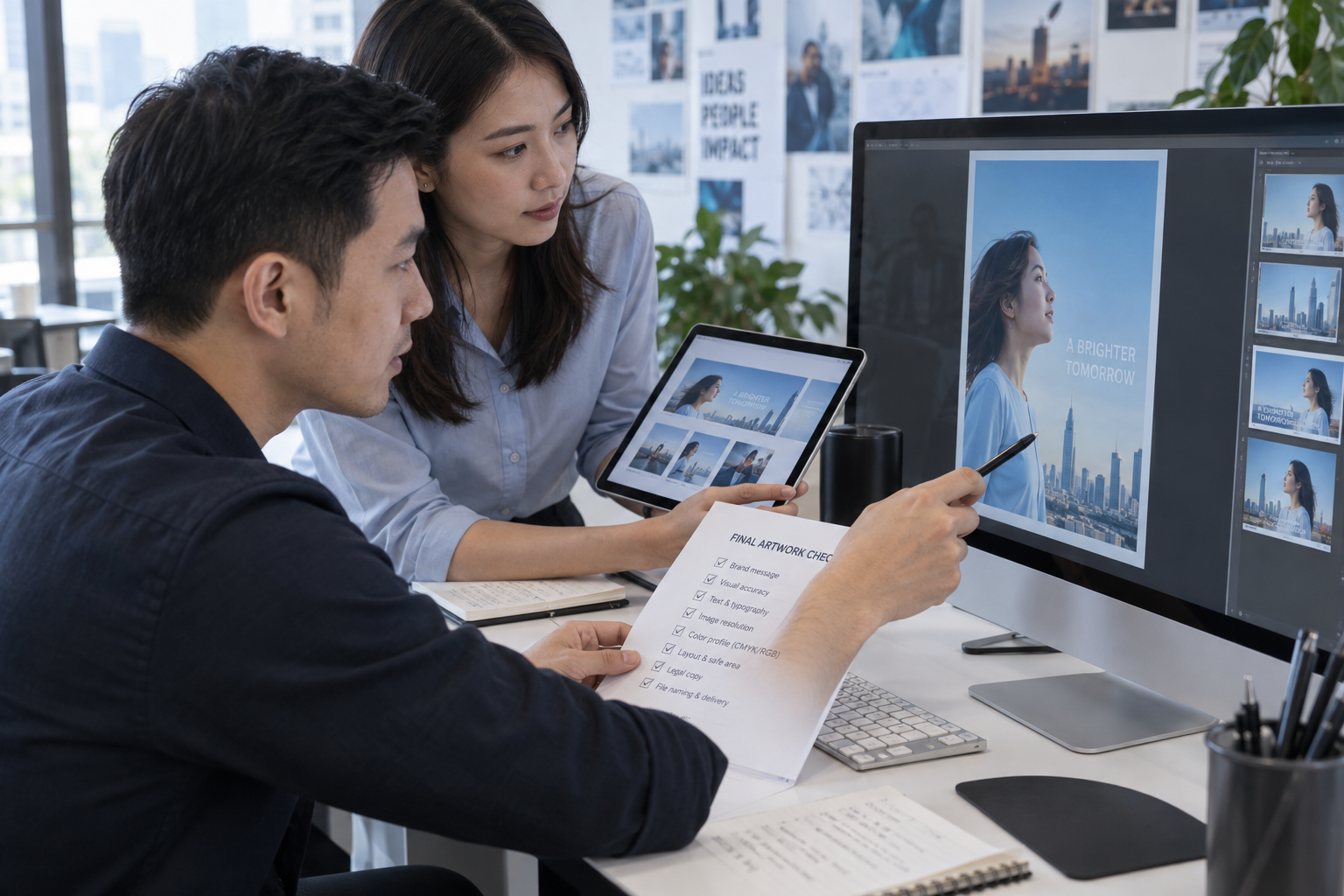Illustration of a team checking advertising assets, publication screenshots and an acceptance checklist