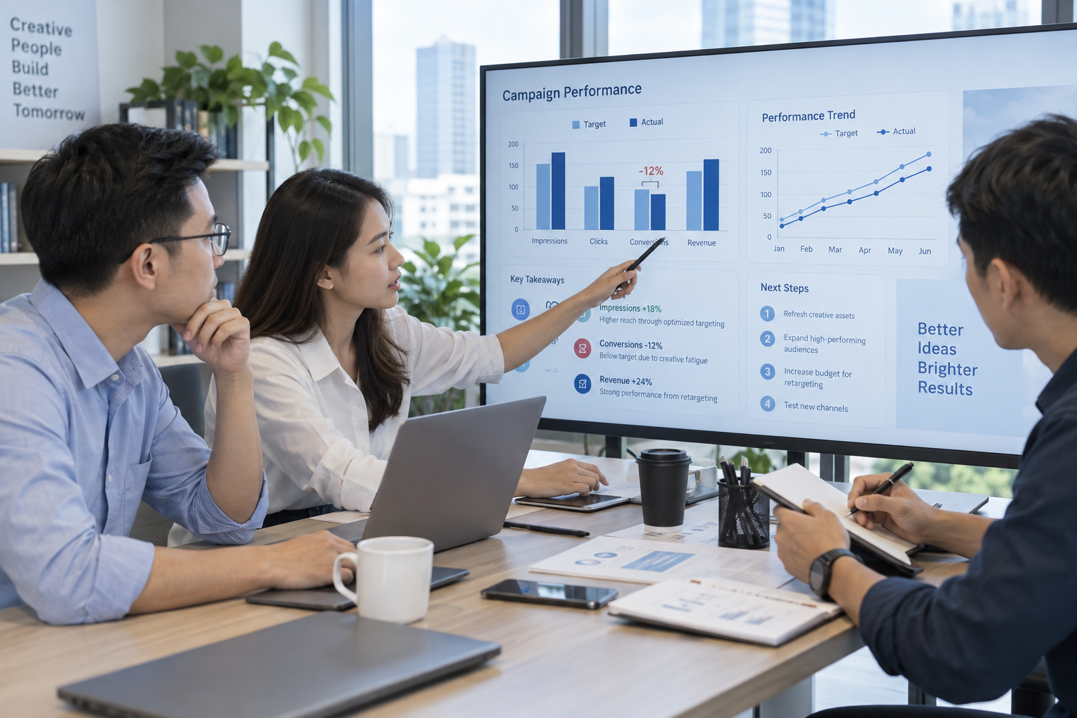 Illustration of a team comparing campaign goals with results to discuss improvements