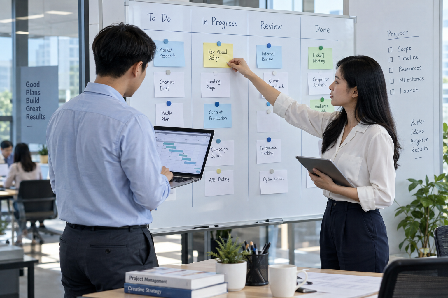 Illustration of a team confirming assignments using a task board and schedule