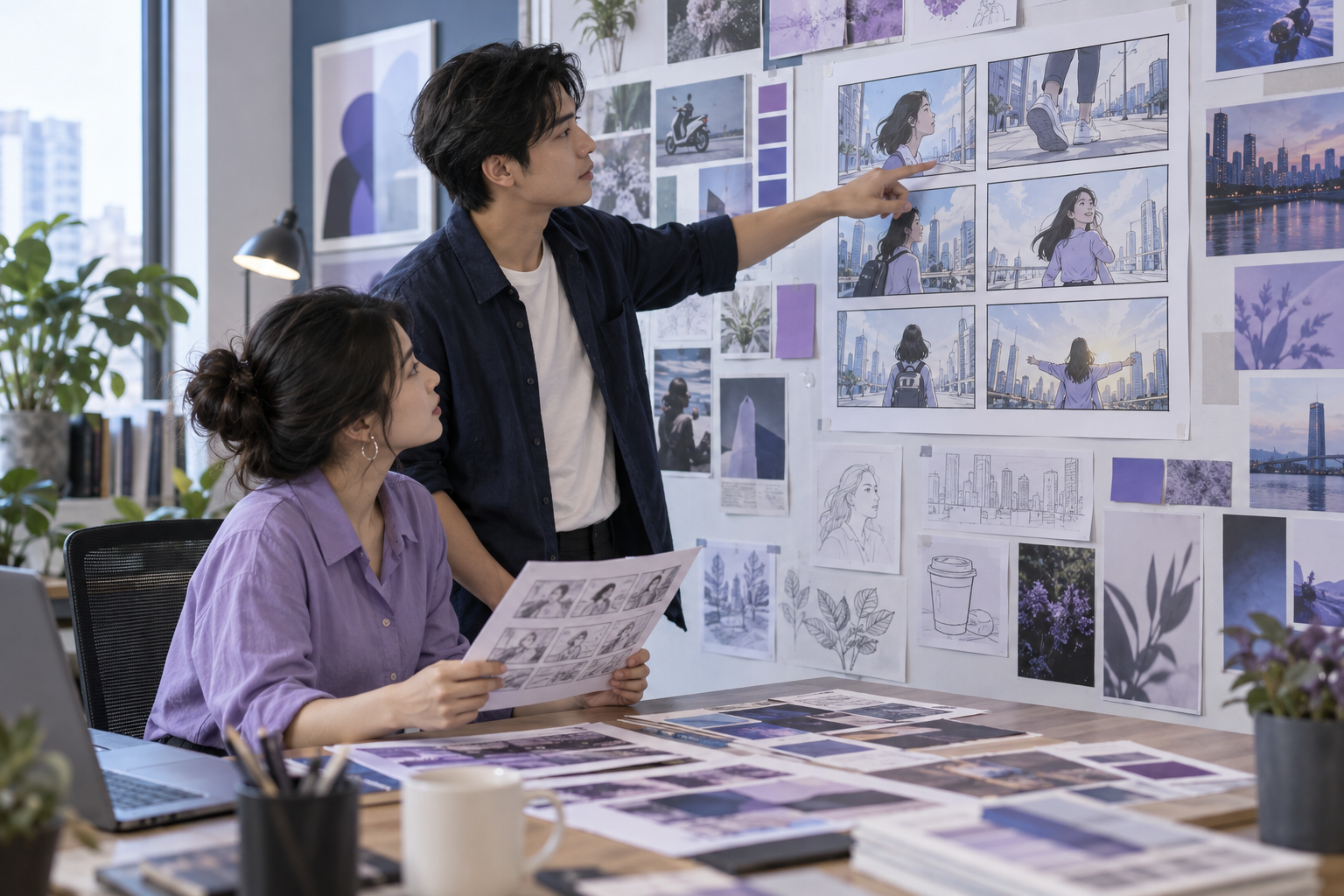 Illustration of a creative team discussing storyboards and advertising content