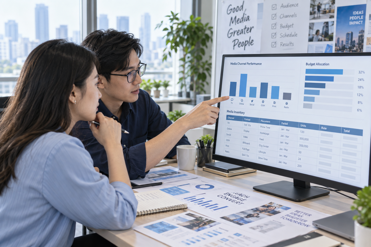 Illustration of media planners comparing channel mixes and budgets