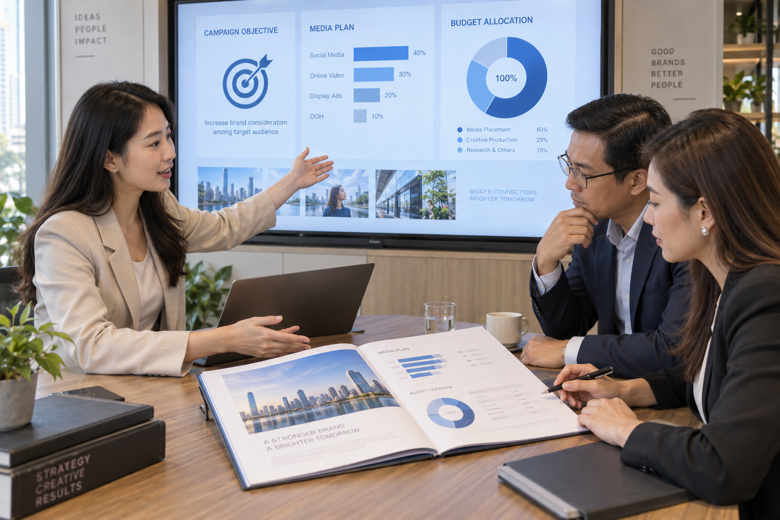 Illustration of a consultant presenting a media plan and budget to a client